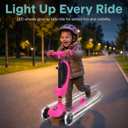 3-Wheel Foldable Kids Scooter - Child Toy Scooter With Built-In Led Wheel Lights, Foldable Seat, And Easy Maneuvering Lean-To-Steer Technology (Pink)