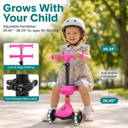 3-Wheel Foldable Kids Scooter - Child Toy Scooter With Built-In Led Wheel Lights, Foldable Seat, And Easy Maneuvering Lean-To-Steer Technology (Pink)