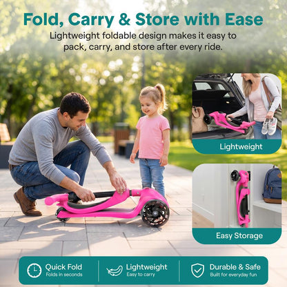 3-Wheel Foldable Kids Scooter - Child Toy Scooter With Built-In Led Wheel Lights, Foldable Seat, And Easy Maneuvering Lean-To-Steer Technology (Pink)
