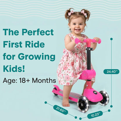 3-Wheel Foldable Kids Scooter - Child Toy Scooter With Built-In Led Wheel Lights, Foldable Seat, And Easy Maneuvering Lean-To-Steer Technology (Pink)
