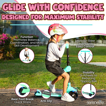3-Wheel Kids Scooter, Foldable Seat, LED Wheels, Adjustable Handlebar, Mint Green