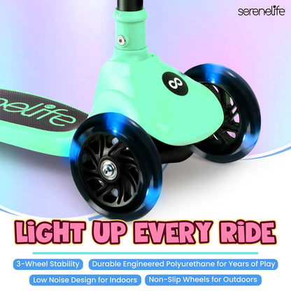 3-Wheel Kids Scooter, Foldable Seat, LED Wheels, Adjustable Handlebar, Mint Green