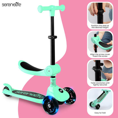 3-Wheel Kids Scooter, Foldable Seat, LED Wheels, Adjustable Handlebar, Mint Green
