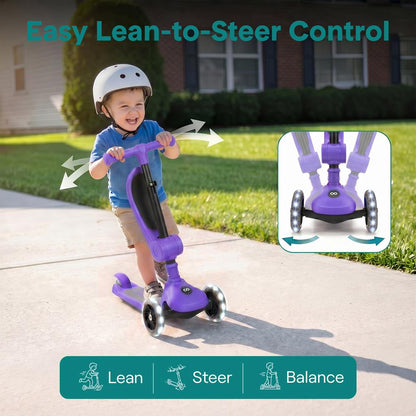 3-Wheel Foldable Kids Scooter - Child Toy Scooter With Built-In Led Wheel Lights, Foldable Seat, And Easy Maneuvering Lean-To-Steer Technology (Purple)