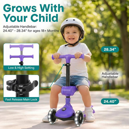 3-Wheel Foldable Kids Scooter - Child Toy Scooter With Built-In Led Wheel Lights, Foldable Seat, And Easy Maneuvering Lean-To-Steer Technology (Purple)
