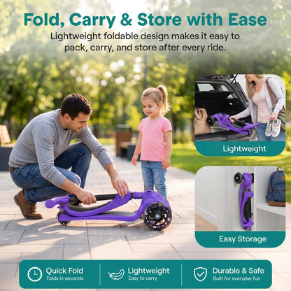 3-Wheel Foldable Kids Scooter - Child Toy Scooter With Built-In Led Wheel Lights, Foldable Seat, And Easy Maneuvering Lean-To-Steer Technology (Purple)