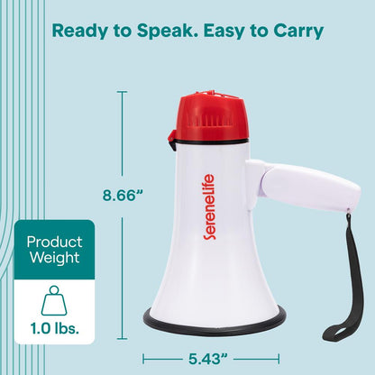 Serenelife 20W Rechargeable Megaphone With Mic, Music & Siren Modes, Usb-C Charging, Ergonomic Foldable Handle (Red)