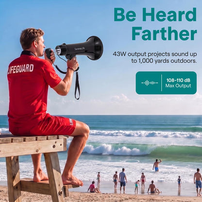 Serenelife 43W  Rechargeable Megaphone With External Mic, Built-In Music & Siren Modes, Aux, Usb-C Charging, Ergonomic Handle (Black)