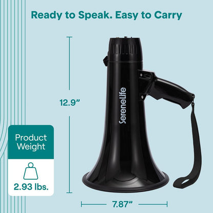 Serenelife 43W  Rechargeable Megaphone With External Mic, Built-In Music & Siren Modes, Aux, Usb-C Charging, Ergonomic Handle (Black)