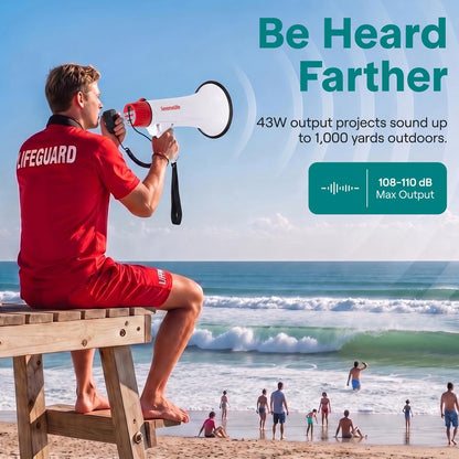 Serenelife 43W Rechargeable Megaphone With External Mic, Built-In Music & Siren Modes, Aux, Usb-C Charging, Ergonomic Handle (Red)