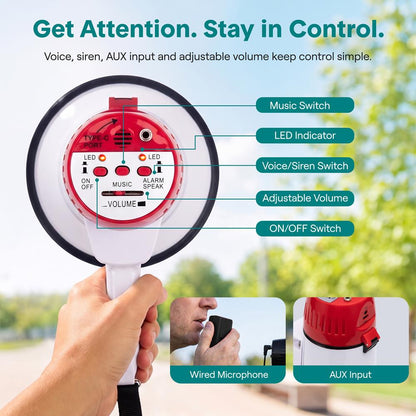 Serenelife 43W Rechargeable Megaphone With External Mic, Built-In Music & Siren Modes, Aux, Usb-C Charging, Ergonomic Handle (Red)