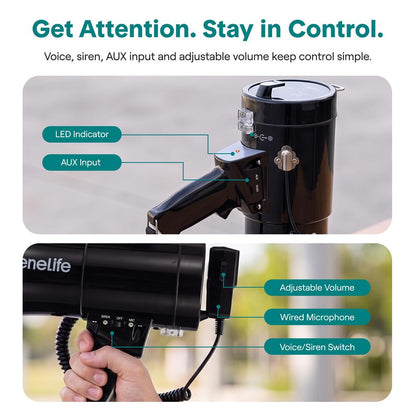 Serenelife 50W Rechargeable Megaphone With Wired Mic, Built-In Siren Modes, Aux, Usb-C Charging, Ergonomic Handle (Black)