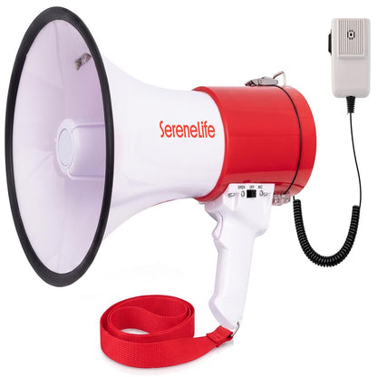 Serenelife 50W Rechargeable Megaphone With Wired Mic, Built-In Siren Modes, Aux, Usb-C Charging, Ergonomic Handle (Red)