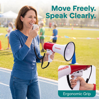 Serenelife 50W Rechargeable Megaphone With Wired Mic, Built-In Siren Modes, Aux, Usb-C Charging, Ergonomic Handle (Red)