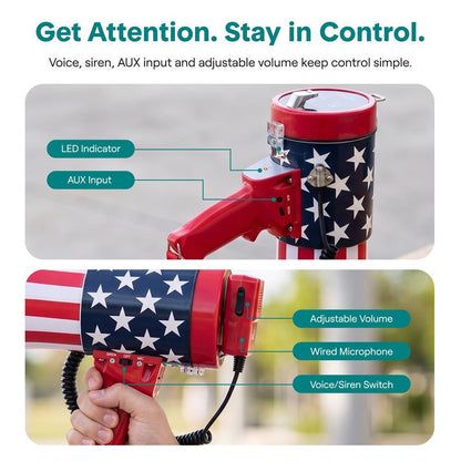 Serenelife 50W Rechargeable Megaphone With Wired Mic, Built-In Siren Modes, Aux, Usb-C Charging, Ergonomic Handle