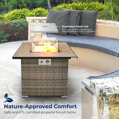 Outdoor Propane Fire Pit Table 50,000 BTU Wicker Tile Top Weatherproof