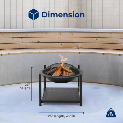 26" Outdoor Fire Pit with BBQ Grill, Heat-Resistant Steel, Wood Storage