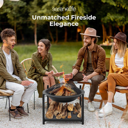 26" Outdoor Fire Pit with BBQ Grill, Heat-Resistant Steel, Wood Storage