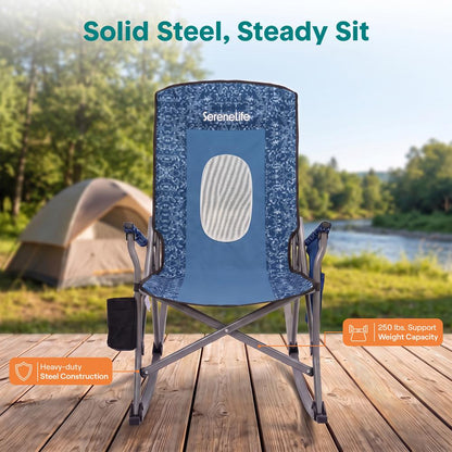 Serenelife High-Back Folding Rocking Chair With Cup Holder, Side Pocket & Carry Bag – Portable, Durable, And Comfortable For Outdoor Use (Blue Camouflage)