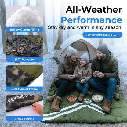 Double Sleeping Bag with Pillows - Lightweight, Waterproof, Portable