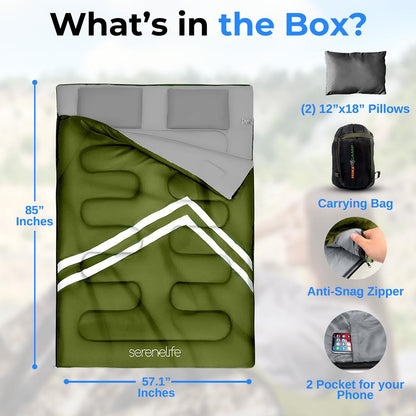 Double Sleeping Bag with Pillows - Lightweight, Waterproof, Portable