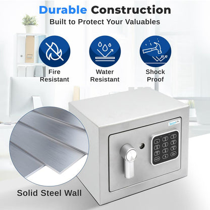 Electronic Safe Box, Secure Storage, Digital Lock, Engineered Steel, Silver
