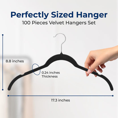 Velvet Non-Slip Hangers 100-Pack, Space-Saving, 360¬8 Swivel Hook, Black