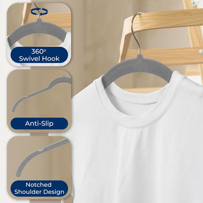 100-Pack Velvet Hangers, Non-Slip, Space-Saving, 360¬8 Swivel, Gray
