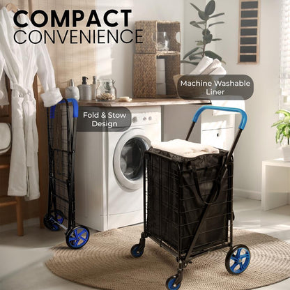 Heavy Duty Foldable Shopping Cart With Removable Cart Liner, 360 Degree Rolling Swivel Wheels, And Adjustable Handle, 110 Lbs. Weight Capacity For Groceries, Laundry, Luggage, And More