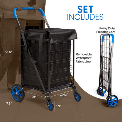 Folding Shopping Cart 70lb Capacity Rustproof Steel Frame Blue