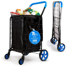 Folding Shopping Cart 70lb Capacity Rustproof Steel Frame Blue
