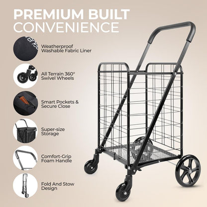 Folding Utility Cart 110lb Capacity 360° Swivel Wheels Weatherproof