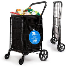Small Foldable Shopping Cart With Removable Cart Liner, 360 Degree Rolling Swivel Wheels, 70 Lbs. Weight Capacity For Groceries, Laundry And Luggage (Black)