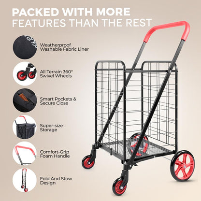 Small Foldable Shopping Cart With Removable Cart Liner, 360 Degree Rolling Swivel Wheels, 70 Lbs. Weight Capacity For Groceries, Laundry And Luggage (Red)