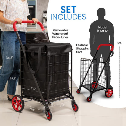 Small Foldable Shopping Cart With Removable Cart Liner, 360 Degree Rolling Swivel Wheels, 70 Lbs. Weight Capacity For Groceries, Laundry And Luggage (Red)