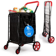 Small Foldable Shopping Cart With Removable Cart Liner, 360 Degree Rolling Swivel Wheels, 70 Lbs. Weight Capacity For Groceries, Laundry And Luggage (Red)