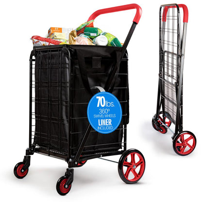 Small Foldable Shopping Cart With Removable Cart Liner, 360 Degree Rolling Swivel Wheels, 70 Lbs. Weight Capacity For Groceries, Laundry And Luggage (Red)