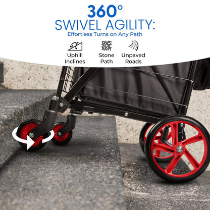 Small Foldable Shopping Cart With Removable Cart Liner, 360 Degree Rolling Swivel Wheels, 70 Lbs. Weight Capacity For Groceries, Laundry And Luggage (Red)