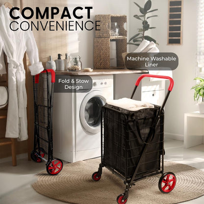 Small Foldable Shopping Cart With Removable Cart Liner, 360 Degree Rolling Swivel Wheels, 70 Lbs. Weight Capacity For Groceries, Laundry And Luggage (Red)