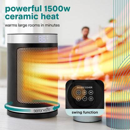 Portable Space Heater - Indoor Electric Heater With Thermostat, Remote, Digital Display, 12-Hour Timer, 3 Heating Modes, Fast & Safe Ptc Ceramic Heating For Home, Office, Bedroom (Black)