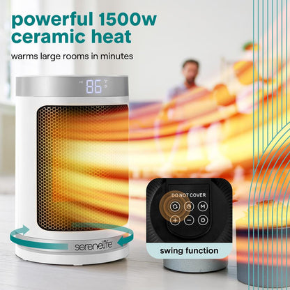 Portable Space Heater - Indoor Electric Heater With Thermostat, Remote, Digital Display, 12-Hour Timer, 3 Heating Modes, Fast & Safe Ptc Ceramic Heating For Home, Office, Bedroom (White)