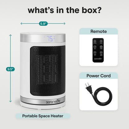 Portable Space Heater - Indoor Electric Heater With Thermostat, Remote, Digital Display, 12-Hour Timer, 3 Heating Modes, Fast & Safe Ptc Ceramic Heating For Home, Office, Bedroom (White)