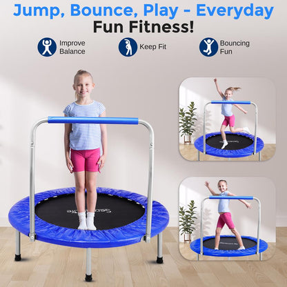 36" Foldable Toddler Trampoline, 220 lb Capacity, Padded Handrail, Deep Blue