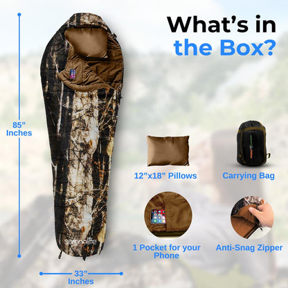 Mummy Sleeping Bag, Weatherproof, 210T Polyester, Real Tree