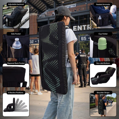 Serenelife 21” Foldable Stadium Chair With Backrest – 6 Adjustable Reclining Angles, Cup Holder, Padded Armrests, And Storage Pockets (Black)