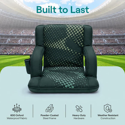 Serenelife 25” Foldable Stadium Chair With Backrest – 6 Adjustable Reclining Angles, Cup Holder, Padded Armrests, And Storage Pockets (Green)