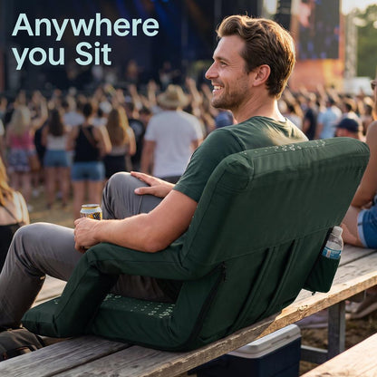 Serenelife 25” Foldable Stadium Chair With Backrest – 6 Adjustable Reclining Angles, Cup Holder, Padded Armrests, And Storage Pockets (Green)