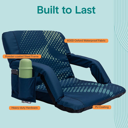 Serenelife 25” Foldable Stadium Chair Set With Backrest – 6 Adjustable Reclining Angles, Cup Holder, Padded Armrests, And Storage Pockets (Blue)