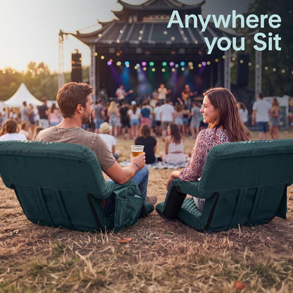 Serenelife 25” Foldable Stadium Chair Set With Backrest – 6 Adjustable Reclining Angles, Cup Holder, Padded Armrests, And Storage Pockets (Green)