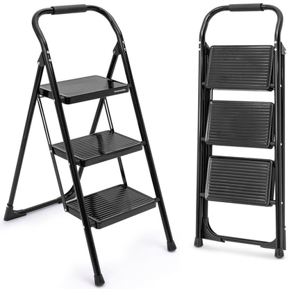 3-Step Folding Step Ladder With Wide Anti-Slip Pedal & Handrail – Sturdy Steel, Lightweight & Portable Step Stool For Home & Office Use (White)